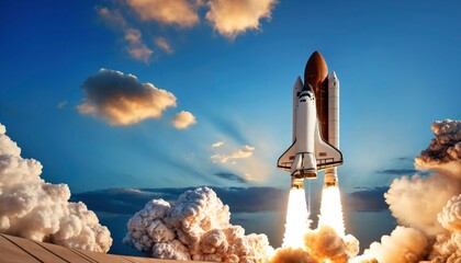 New space rocket lift off. Space shuttle with smoke and blast takes off into space on a background