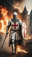 Fototapeta premium Old Knights Templar in full armor, with sword and shield, walking through a battlefield as fire burns around him