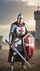 Old medieval Knights Templar warrior standing in a heroic pose. He is wearing white robes with a bold red Templar cross on his chest, over a full suit of chainmail armor
