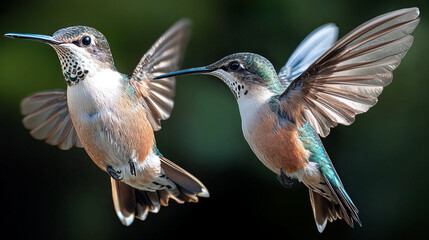 Fototapeta premium Two Hummingbirds in Mid-Flight: A Captivating Display of Nature's Beauty
