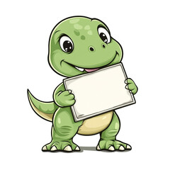Obraz premium Adorable Green Dinosaur Holding a Blank Sign: Perfect for Your Message!