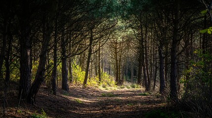 Obraz premium Tranquil Forest Pathway Surrounded by Tall Pine Trees in Sunlight : Generative AI