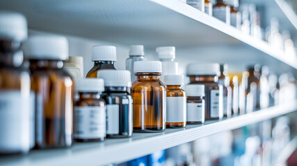 Medicine bottles neatly arranged on a wooden shelf, symbolizing the importance of organization and care in healthcare management.