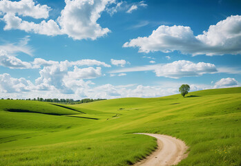 Obraz premium Idyllic Countryside Rolling Green Hills with Bright Summer Sky
