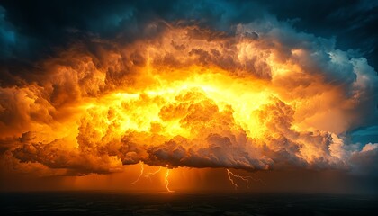 Vivid glowing thundercloud with powerful yellow lightning bolts bursting from it, highlighting the raw energy and intensity of natures storm