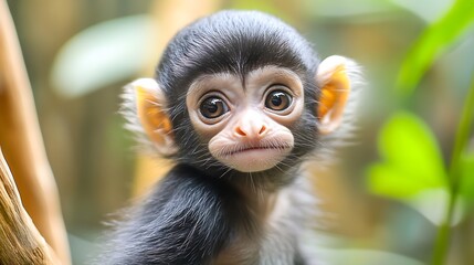 Obraz premium Adorable Baby Monkey with Big Eyes in a Natural Habitat Setting : Generative AI