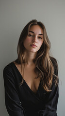 Obraz premium Minimalist Portrait of a Woman in Black with Soft Natural Lighting