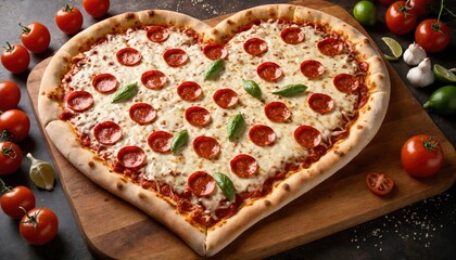 A large, mouthwatering pepperoni heart shape pizza fresh out of the oven, sitting on a round pizza stone