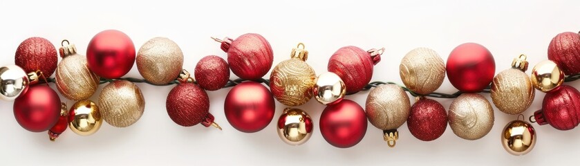 Christmas garland of red and gold balls isolated on white background border decoration new year top view