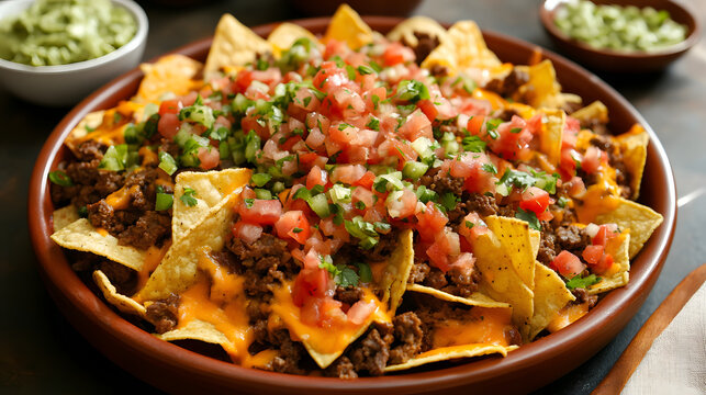 A Tex-Mex fusion spread including chili cheese fries topped with shredded cheddar, beef tacos stuffed with seasoned meat, nachos layered with guacamole and salsa, and a refreshing bowl of pico 
