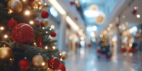 Christmas background. Beautiful decorated Christmas tree in light spacious shopping mall hall blur shote lighting illuminated