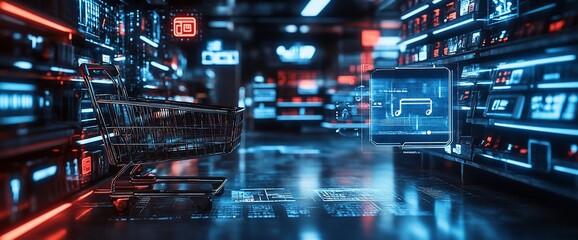 Fototapeta premium A futuristic shopping environment with neon lights and a shopping cart.