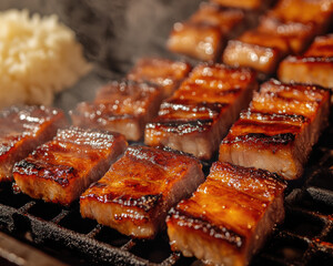 Grill Filled with Teriyaki-Marinated Pork Belly Sizzling to Perfection