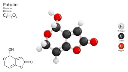 Molecule: Clavatin or Patulin. Mycotoxin. Molecular structure. Formula: C7H6O4. Chemical model: Ball and stick. White background. 3D illustration.