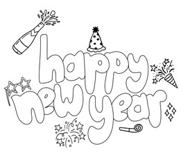 Happy new year doodle text outline black white illustration hand drawn png transparent clipart cutout digital sticker coloring sheet
