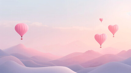 Fototapeta premium Pink Heart Shaped Hot Air Balloons Soar Over Gentle Hills