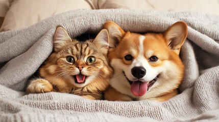  Adorable cat and corgi sharing cozy moments under a soft gray blanket