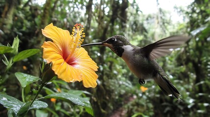 Naklejka premium Hummingbird feeding on a vibrant yellow hibiscus flower in a lush rainforest.