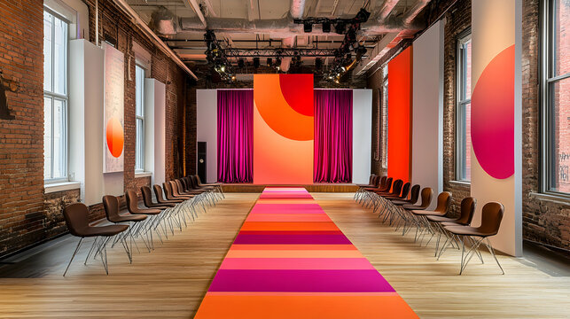 Vibrant runway in a trendy brick building, featuring colorful geometric backdrops and modern chairs. Ideal for fashion, event, or design concepts.