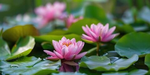 pink flowers of water lily lotus green leaves natural environment close up blur shot