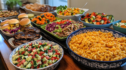 Obraz premium A colorful buffet table with an assortment of American-style foods including mac and cheese, pulled pork sliders, baked sweet potatoes, grilled vegetables, and a bowl of fresh garden salad 