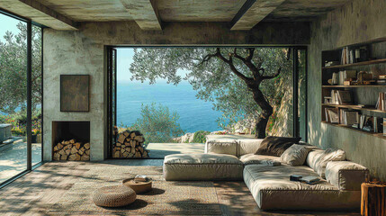 Coastal Retreat: A modern living room bathed in sunlight, showcasing a plush sectional sofa, a rustic fireplace, and a breathtaking panoramic view of the ocean through expansive glass windows.