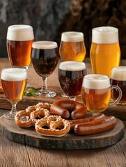 Beer Selection with Pretzels and Sausages
