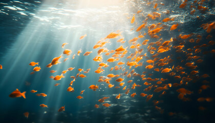 Fototapeta premium Underwater school of vibrant orange fish swimming in sunlit ocean, peaceful aquatic scene.