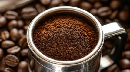A close-up of ground coffee in a filter, with beans and drip equipment in the background.