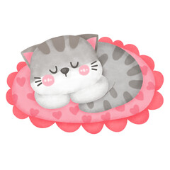 Cute Gray Cat Sleeping on Heart Mat