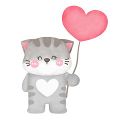 Cute Cat Holding Heart Balloon Illustration