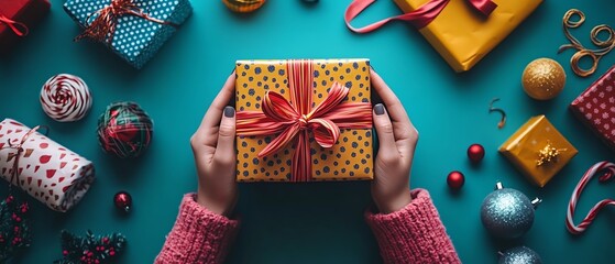 A young womans hands carefully wrapping a gift box with colorful ribbon, perfect for a birthday or Christmas celebration, isolated on a clean background