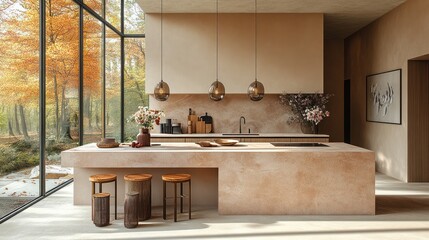 Modern kitchen with island, autumnal forest view, and neutral tones.