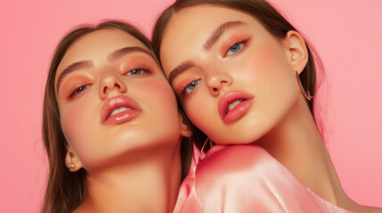 Fototapeta premium Two women pose closely against a pink background showcasing contemporary beauty and makeup styles in a fashion setting