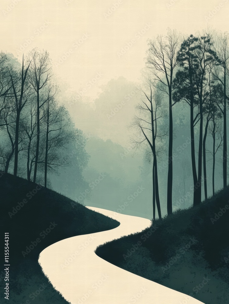 Fototapete winding forest path leads into a serene minimalist landscape with trees. generative ai