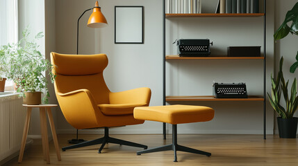 Unique modern living room with bright orange chair and bookshelf featuring vintage typewriters