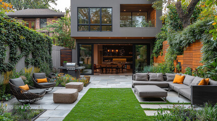 Obraz premium Modern Backyard Oasis: A stunning contemporary home with a lush, inviting backyard perfect for entertaining, featuring a spacious patio with comfortable seating, a grill, and a verdant lawn. 