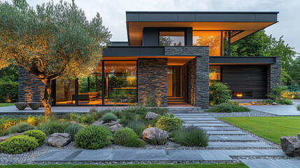 Modern Stone and Glass House at Dusk 