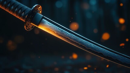 Close-up of a katana blade, glowing in the dark.