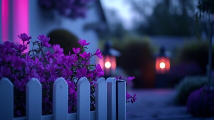 Dusk garden scene with purple flowers and lanterns.