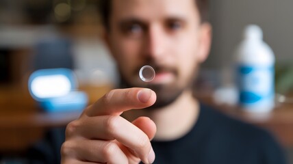 A person is holding a single contact lens delicately in his hand