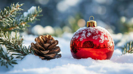  Festive red ornament and pinecone resting on snow with evergreen branches in soft winter sunlight