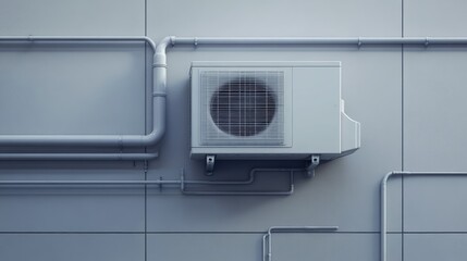 Fototapeta premium A detailed shot of a wall-mounted air conditioner with visible pipes and wiring against a clean exterior.