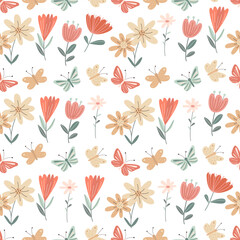 Floral seamless pattern with decorative flowers and butterflies on white background. Vector illustration in hand drawn flat style, pastel colors for wrapping paper, textile. Summer and springtime.
