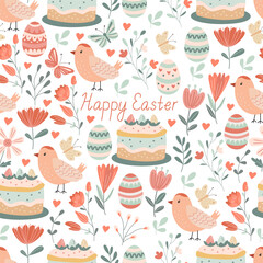 Spring seamless pattern with Easter eggs, cakes, flowers and cute birds on white background. Vector illustration in hand drawn flat style, pastel colors for wrapping paper, festive textile