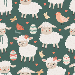 Easter seamless pattern with  flowers, butterflies and little funny lambs on green background. Vector illustration in hand drawn flat style, pastel colors for wrapping paper, festive textile