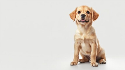 Golden puppy sitting on white background with adorable expression