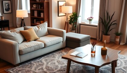 Cozy Living Room Interior Design with Modern Sofa and Wooden Coffee Table