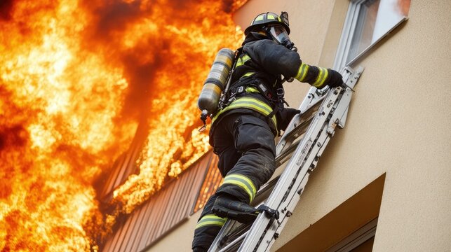 A firefighter climbing a ladder against the side of a burning building, wearing a complete protective suit and oxygen mask