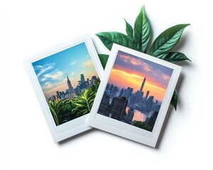 A creative mockup featuring two Polaroid photos side by side, with one photo of a nature scene and the other of a city skyline, isolated on a white background